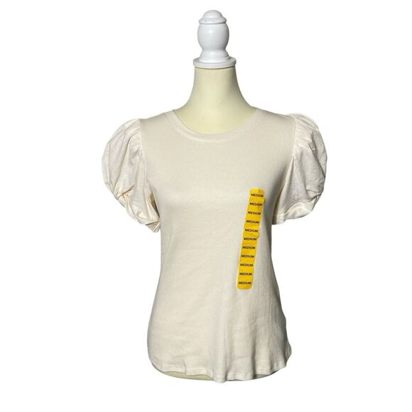 NWT Vince Camuto Ivory Ribbed Short Puff Sleeve Top Women's Size Medium - Picture 1 of 14